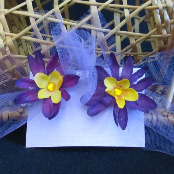 Hand Crafted Barrettes Purple Chrysanthemum Floral Tulle Bling for Women & Girls - Picture 1 of 9